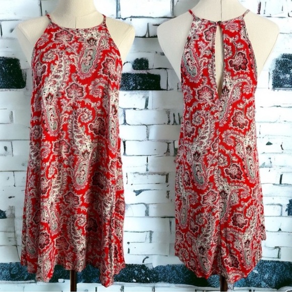 American Eagle Outfitters Red Boho High Neck Shift Dress Pockets Coastal Cowgirl - Picture 6 of 9